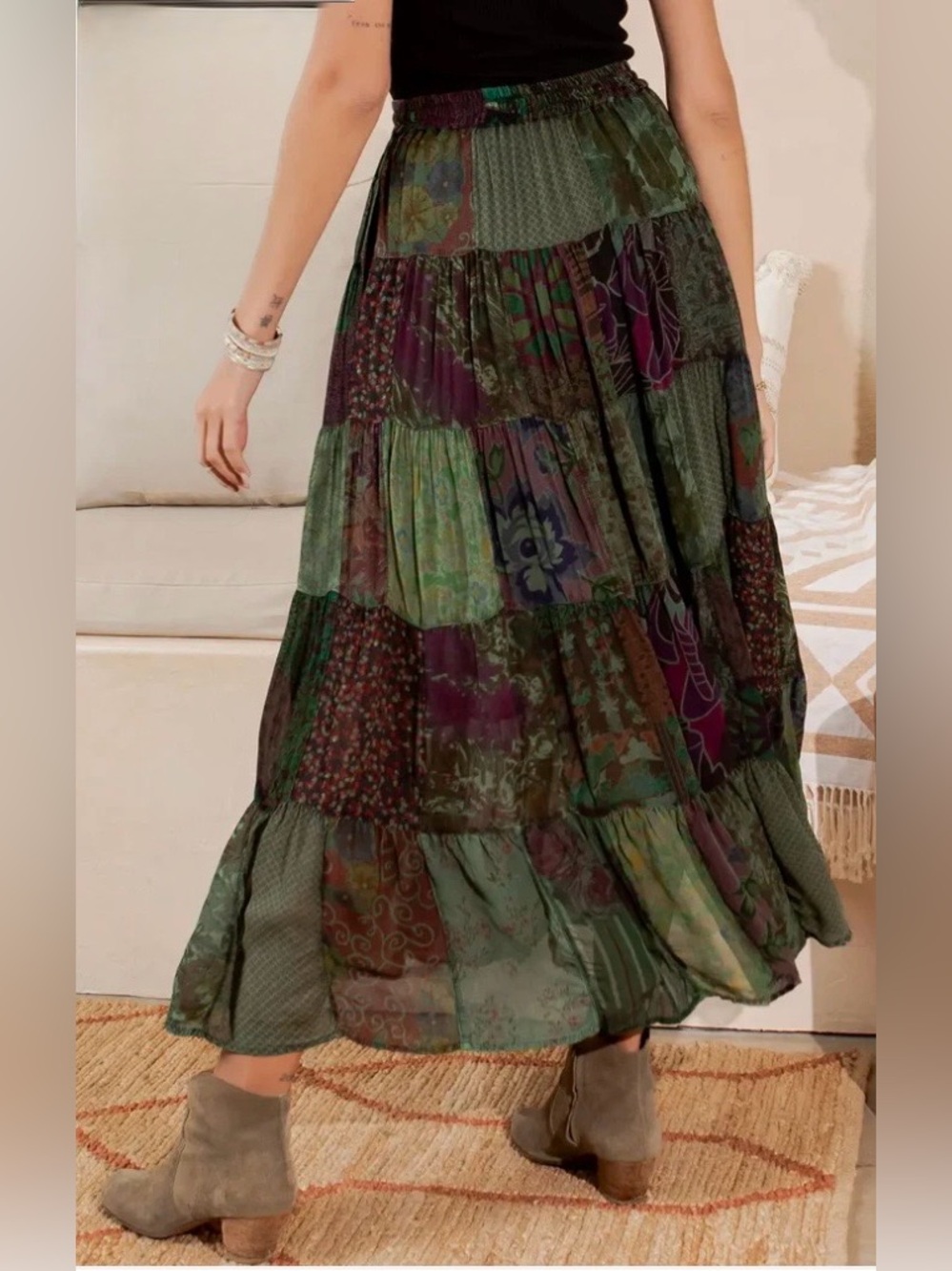 New: Young Threads “Basil” Mixed Patchwork Tiered Flowing Maxi Skirt• Medium - Picture 6 of 6